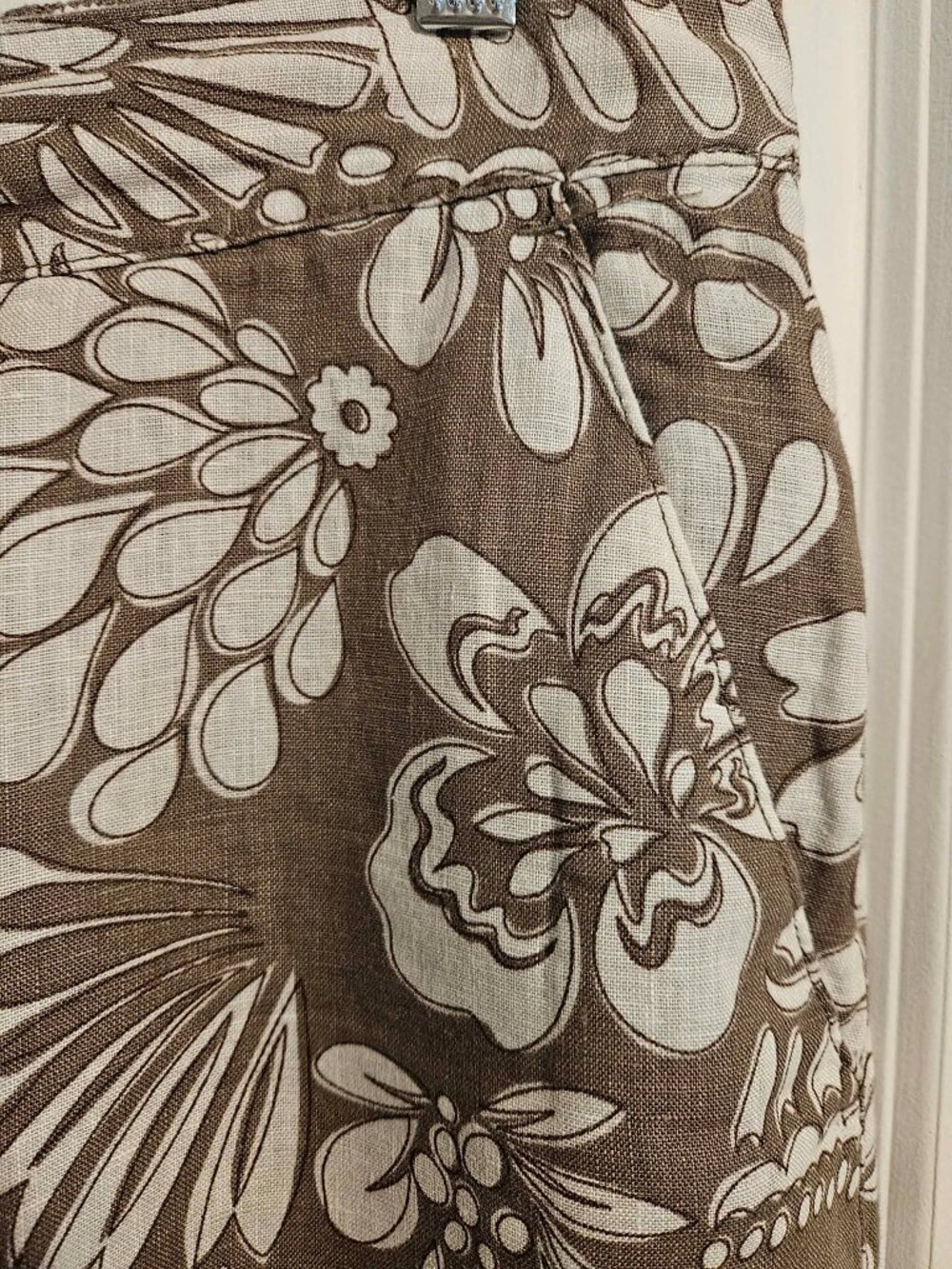 Rachel Zoe 100% Linen Wide Leg Pants Brown Cream Floral Print Size L - Picture 3 of 5